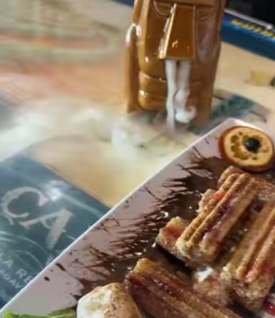 Dessert plate and tiki mug on the bar